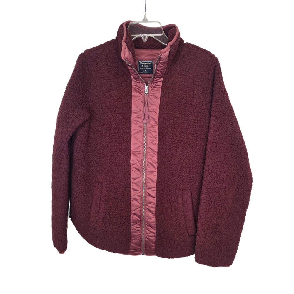 Abercrombie & Fitch Womens Sherpa Fleece Jacket Burgundy Quilted Trim NWT Medium